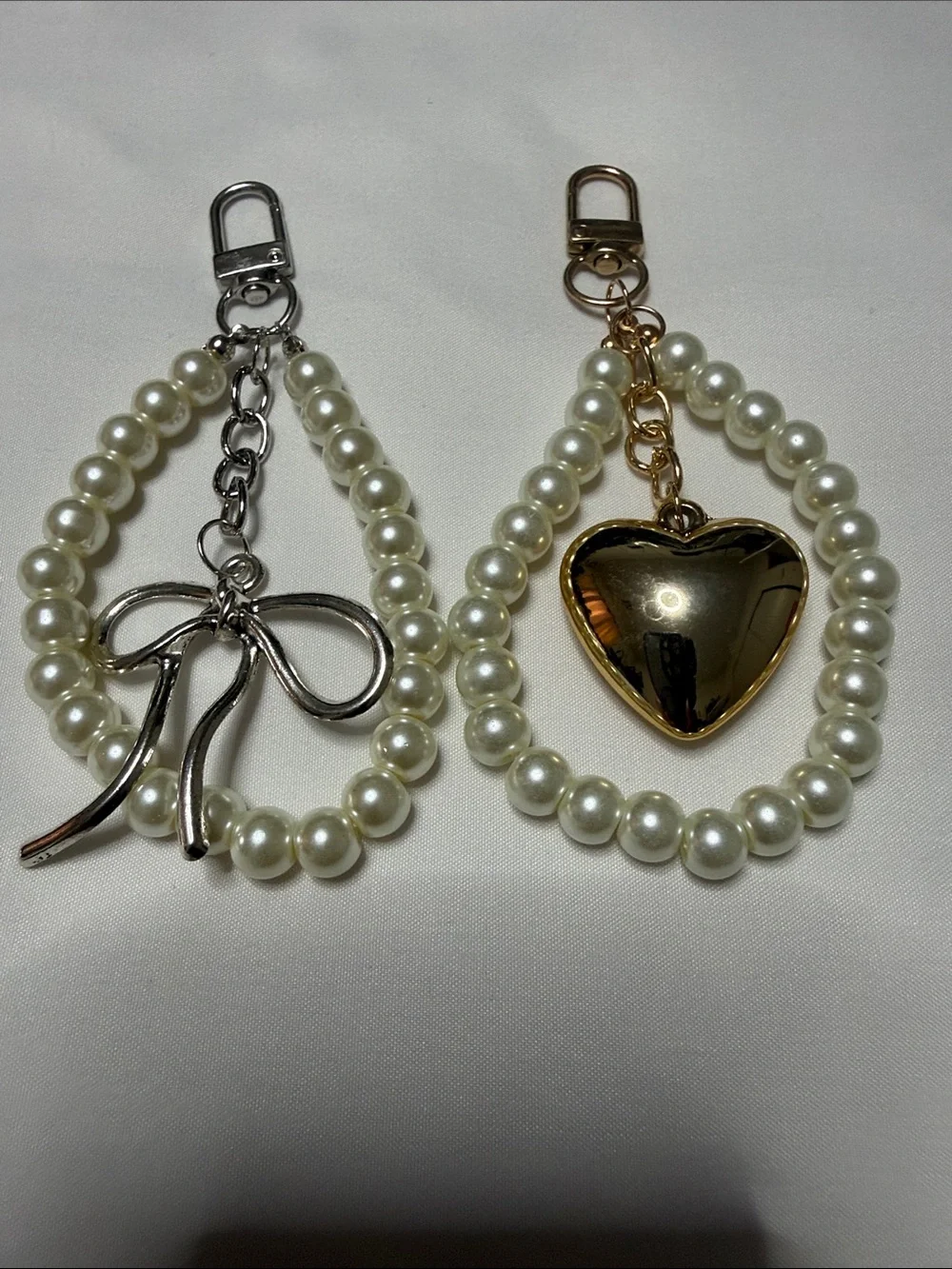Set of 2 Pearl Beaded Keychain with Heart & Bow Charms - Gold & Silver